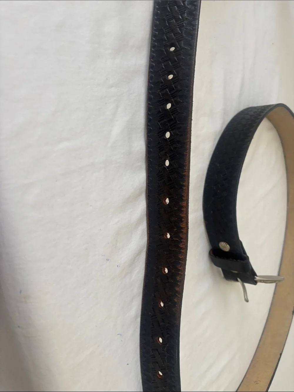 Black Woven Leather Belt with Silver Floral Buckle